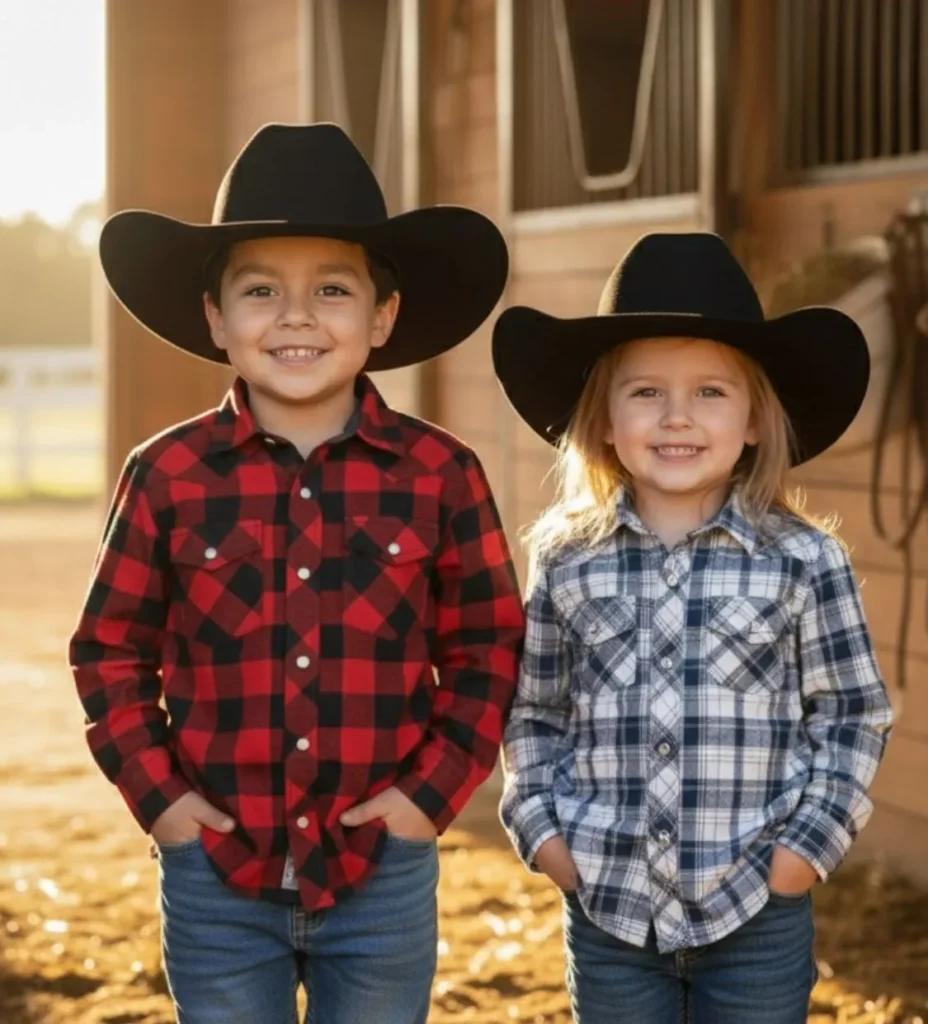 Camisas vaqueras para niño y niña, ambos están posando muy apuestos luciendo sombrero camisas vaqueras a cuadros y jeans , se ven en el interior de unas caballerizas