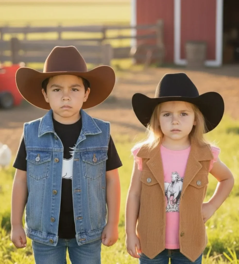 Chalecos vaqueros para niño y niña que tienen 10 y 8 años cada uno posan para la cámara con semblante de serios , visten playeras , chalecos y sombreros con pantalones de mezclilla, de fondo una granja