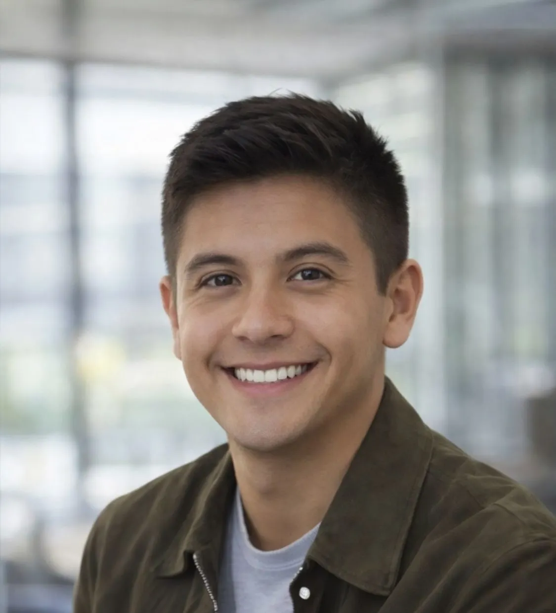 Diseñador Diego Mendoza, esta posando para la cámara, es un joven de 23 años que sonríe jovial y esta en entorno laboral de oficina