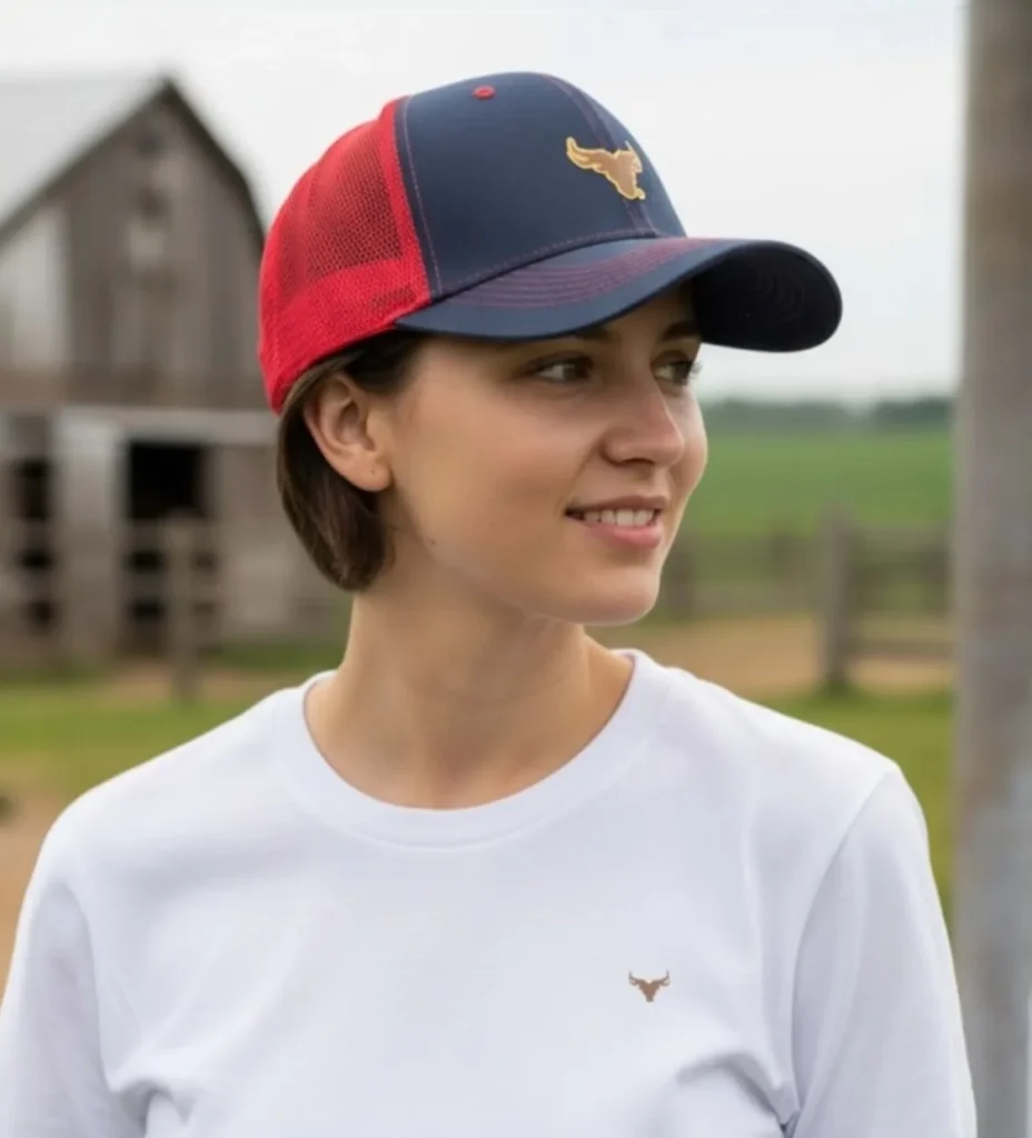 Gorras vaqueras para mujer y hombre en color azul marino con rojo y el bordado del toro tret al centro de la gorra, la porta una mujer joven que viste western con playera blanca