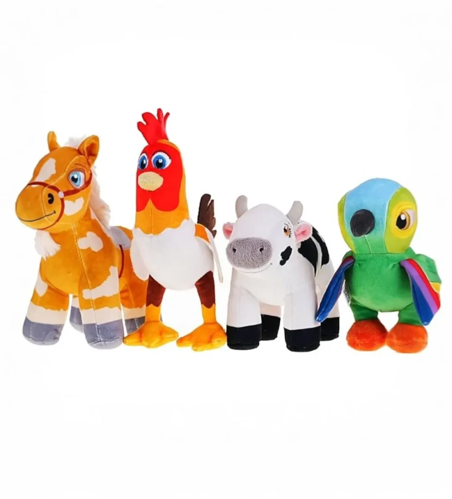 Juetes , peluches y curiosidades vaqueras para los vaqueritos, en la imagen se ven muñecos de peluche , todos animales de granja en tamaño reducido