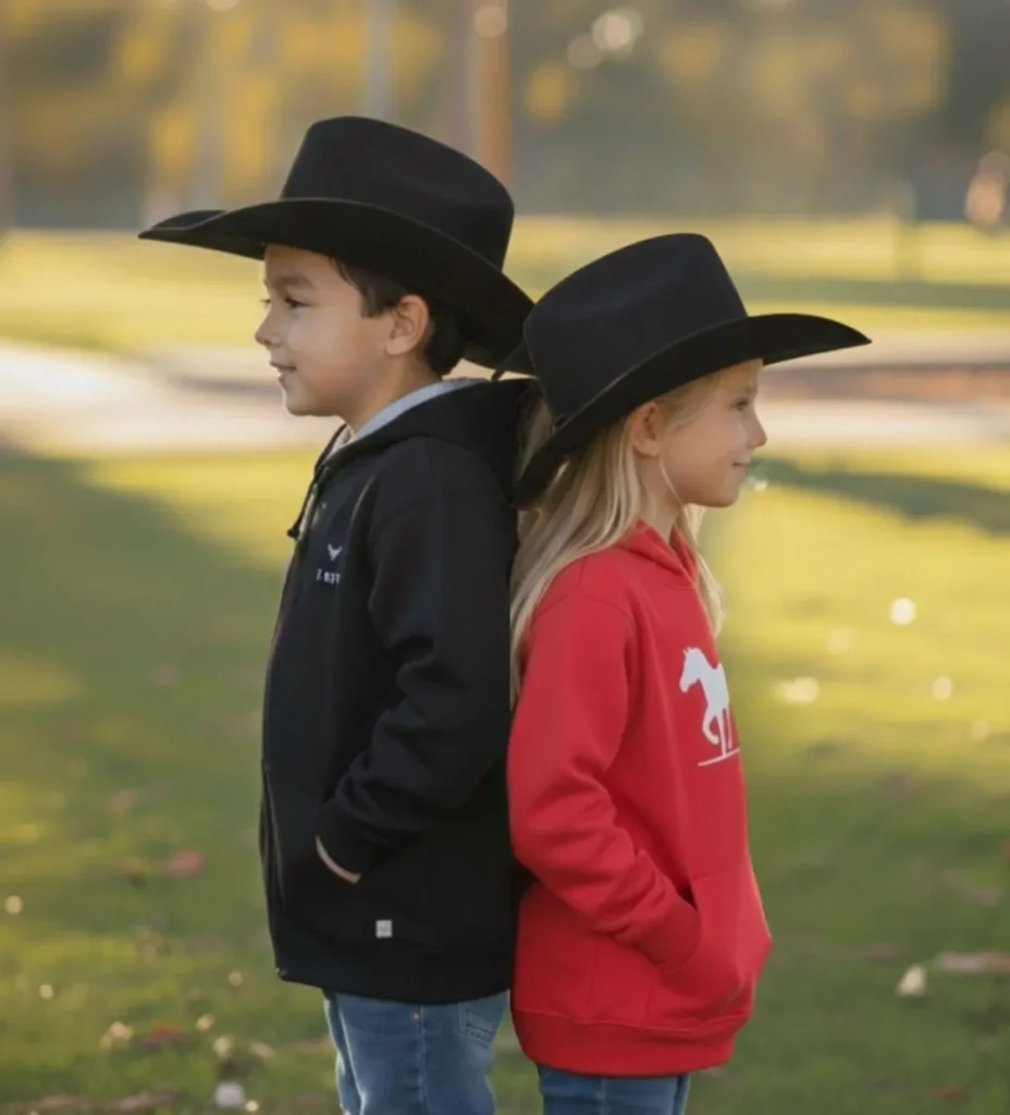 niño y niña de diez y ocho años respectivamente posando al aire libre vistiendo sudaderas vaqueras tret y sombreros