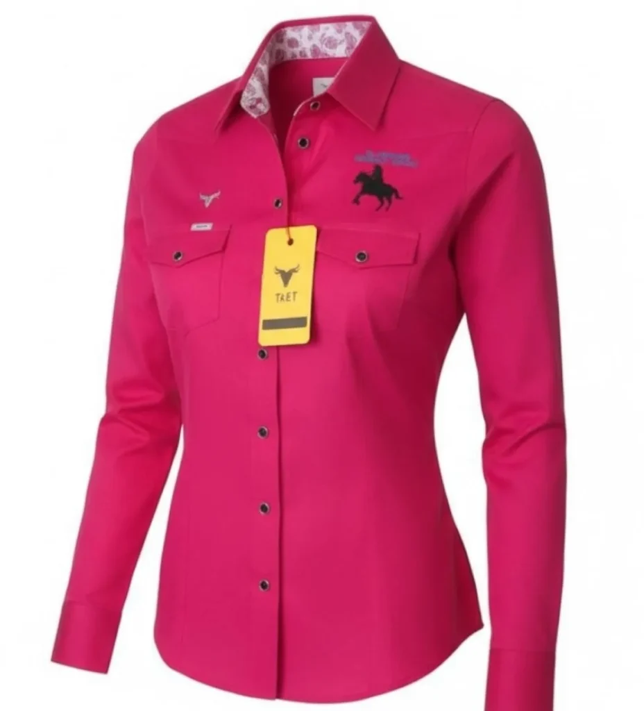 blusa camisa vaquera para su cabalgata con bordados de cabalgantes chihuahua, blusa color fiusha en corte western