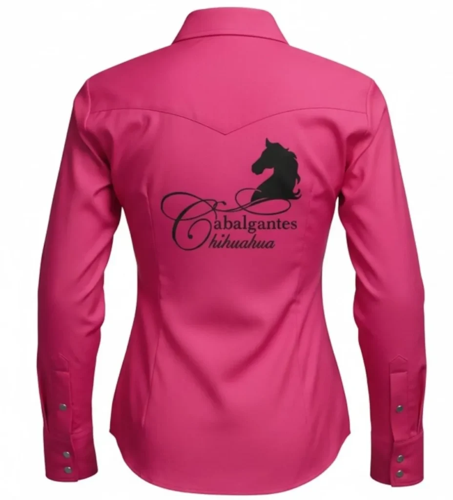 camisa blusa color fiusha vista por la parte de atrás para lucir el bordado de cabalgantes chihuahua en hilo negro, esta camisa blusa vaquera para la cabalgata las hace verse únicas