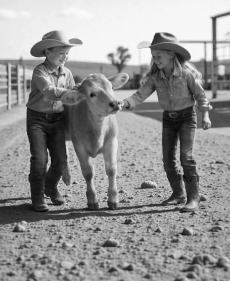 niño y niña vaqueros divirtiéndose al llevar a un ternero a su corral.