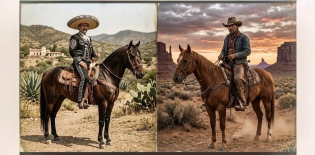 el charro mexicano al lado izquierdo de la imagen y el cowboy a la derecha, cada uno con su vestimenta típica y montando caballo, sin duda ,la ropa vaquera de cada uno es un distintivo único de cada cultura
