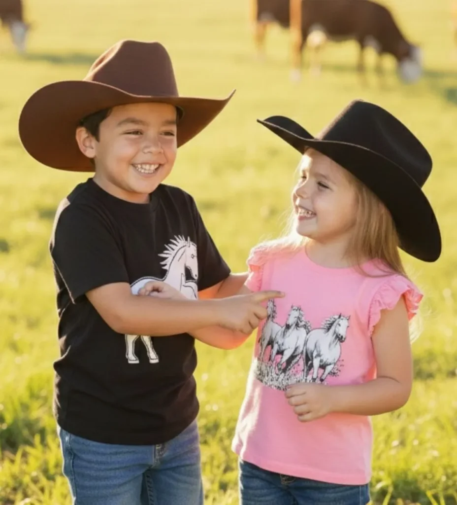 playaras vaqueras para niños y niñas, posan para la camara y se divierten sonriendo, ambos traen sombrero vaquero y están en un entorno de granja