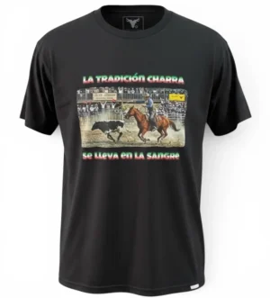 camiseta vaquera para hombre, negra, manga corta, imagen con leyenda la tradición charra se lleva en la sangre