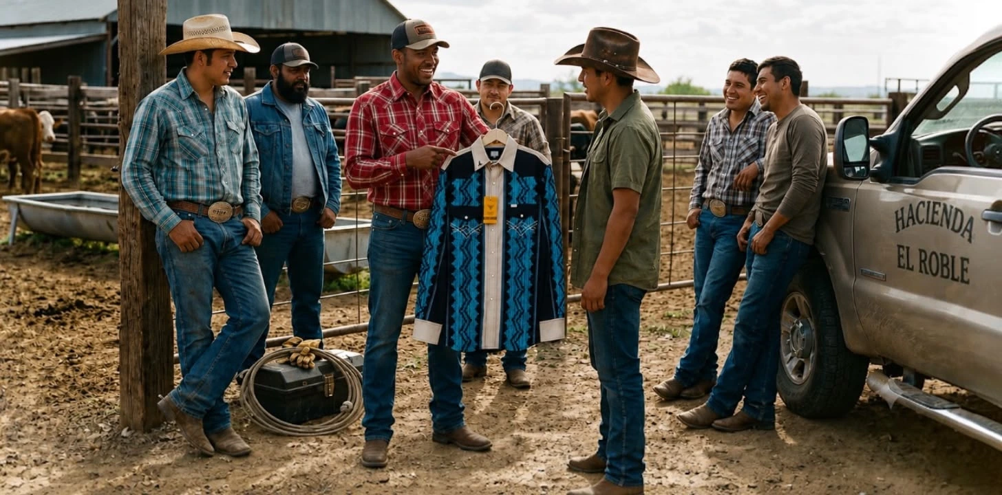 Un grupo de amigos vaqueros observando como uno de ellos les presume y recomienda una camisa de la marca Tret, todo esto en un entorno rural de granja