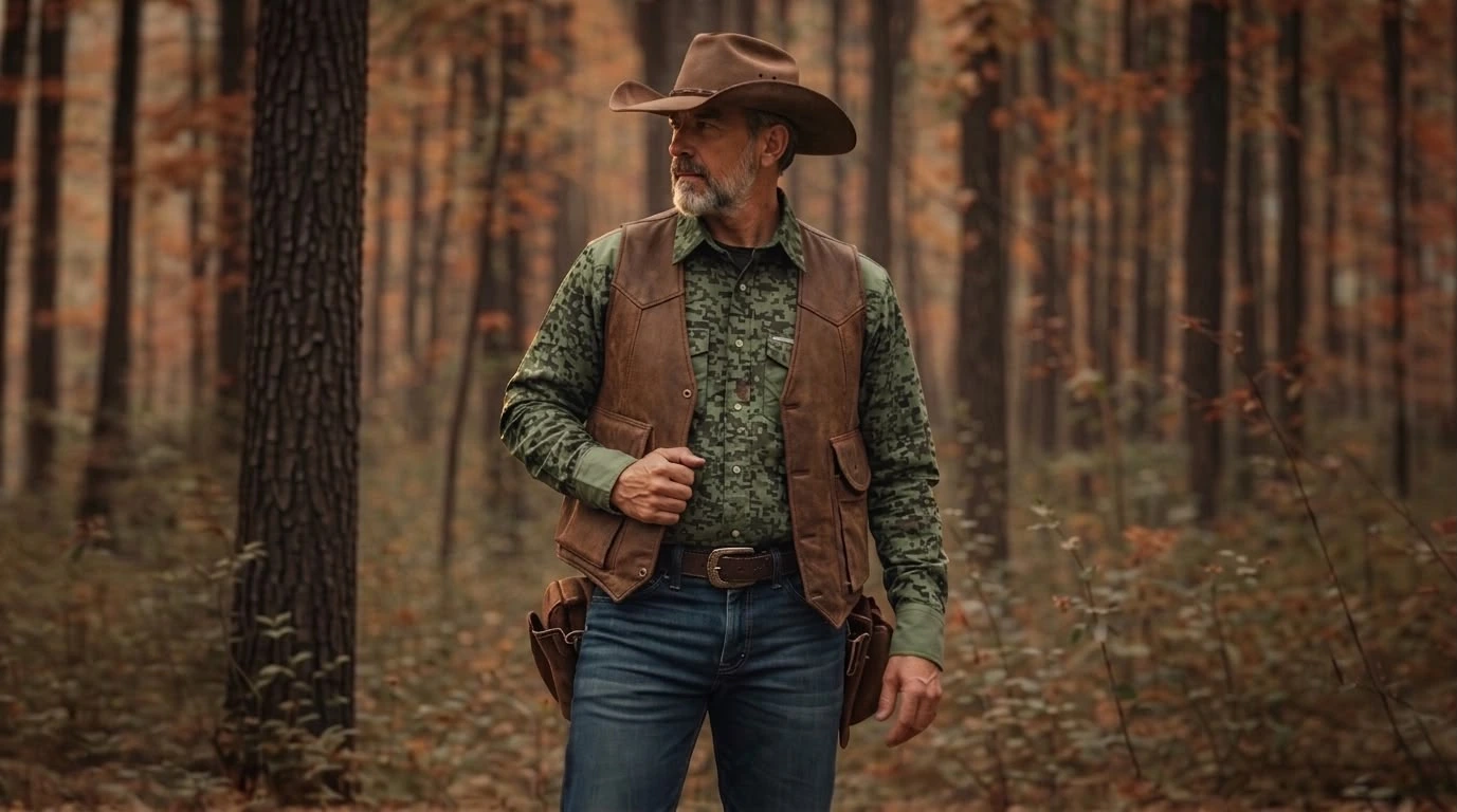 un hombre maduro y apuesto vestido de vaquero con sombrero ,camisa de corte western camuflajeada ,jeans y un chaleco de cuero café , de fondo un bosque con colores sepias, su ropa vaquera lo hace verse único y con estilo