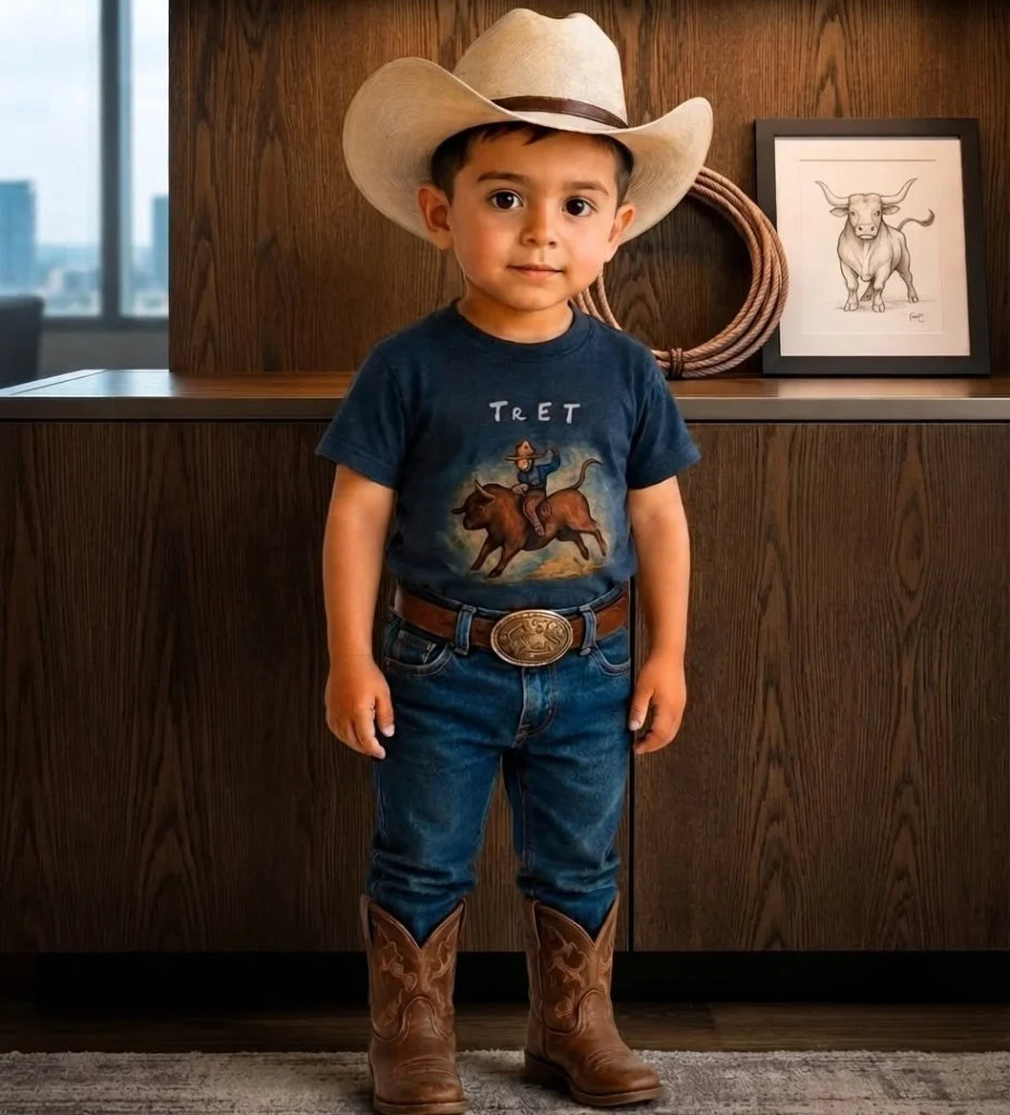 Victtor un niño de 5 años de edad que viste con sombrero y botas y una playera tret en una pose de apuesto niño y jovial