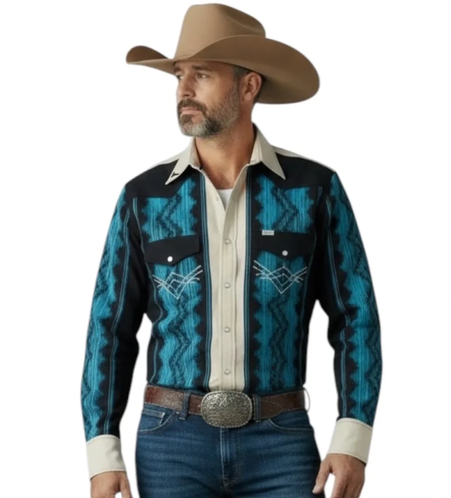 camisa vaquera hombre, grecas azul y beige