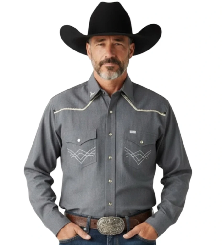 Camisa vaquera para hombre, gris oxford con bies y estoperoles