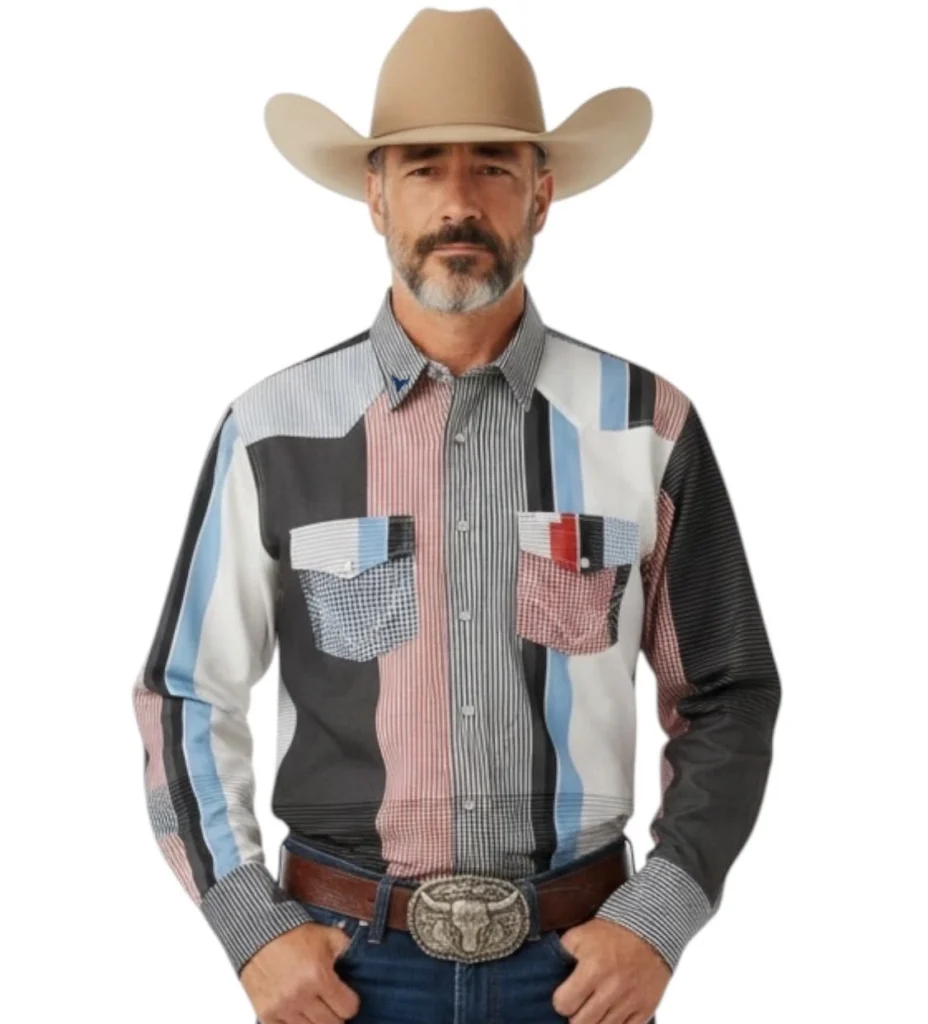 Camisa vaquera para hombre, multicolor rojo, negro, azul, blanco, rayas y cuedros
