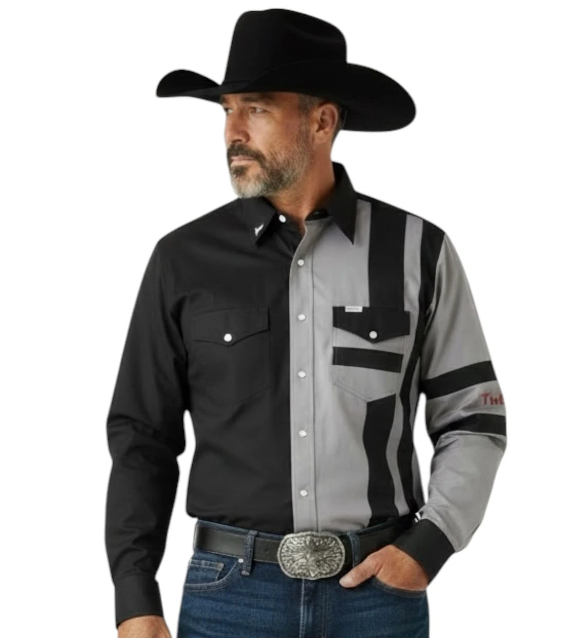 camisa vaquera para hombre, modelo patch work gris y negro