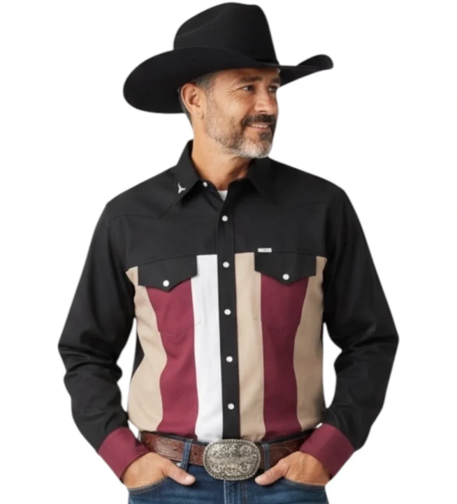 camisa vaquera hombre, patch work negra, vino,bca y beige