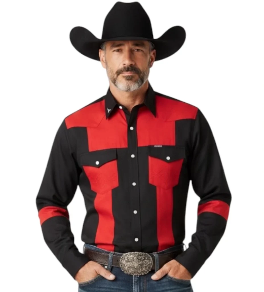 camisa vaquera para hombre, patch work roja y negro