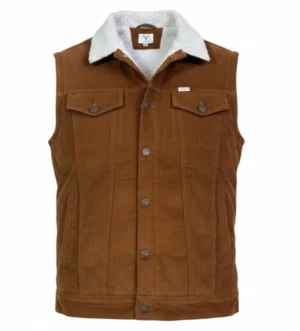 chaleco vaquero para hombre color oro viejo, tela pana con forro de borrega sintética