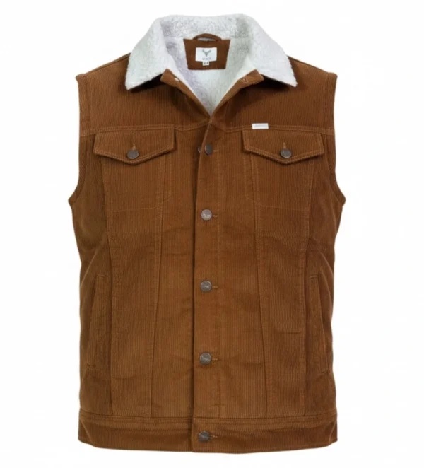 chaleco vaquero para hombre color oro viejo, tela pana con forro de borrega sintética