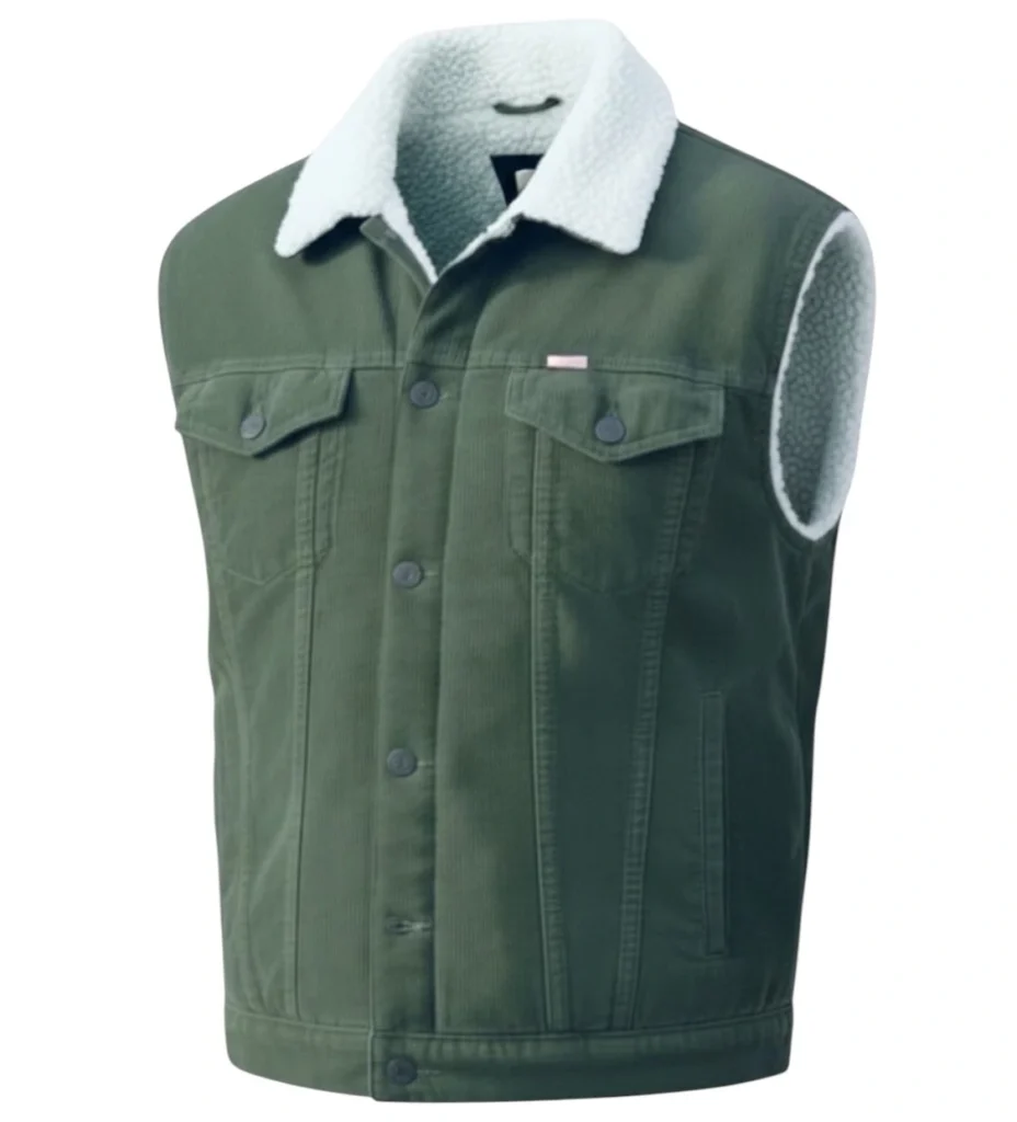 chaleco vaquero para hombre en pana color verde militar con forro de borrega