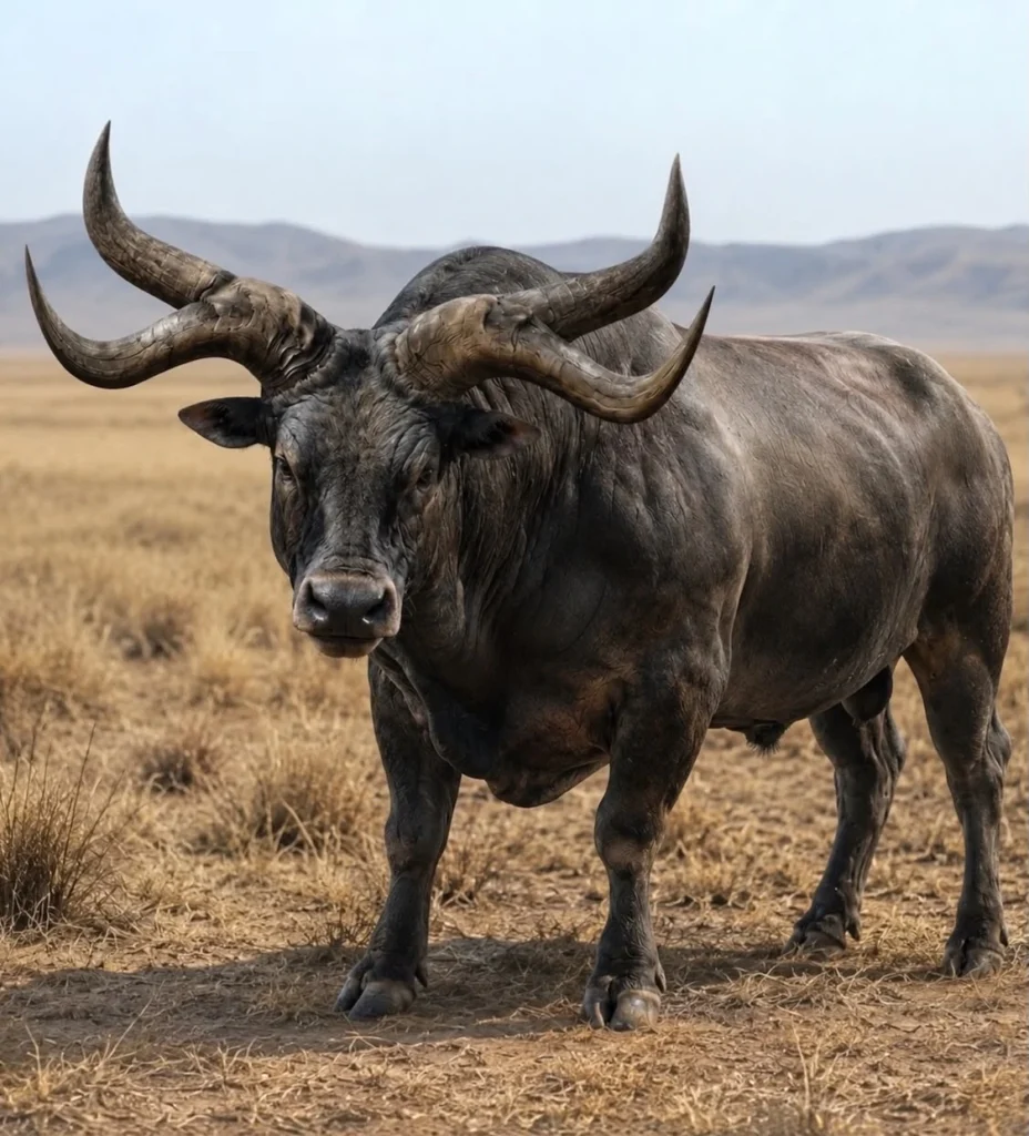 Este es Tret un toro adulto de 4 cuernos de raza Amarican Bucking Bull, posando al aire libre en una área extensa de pastisal.
Este personaje es parte fundamental de la historia de la marca Tret en México.