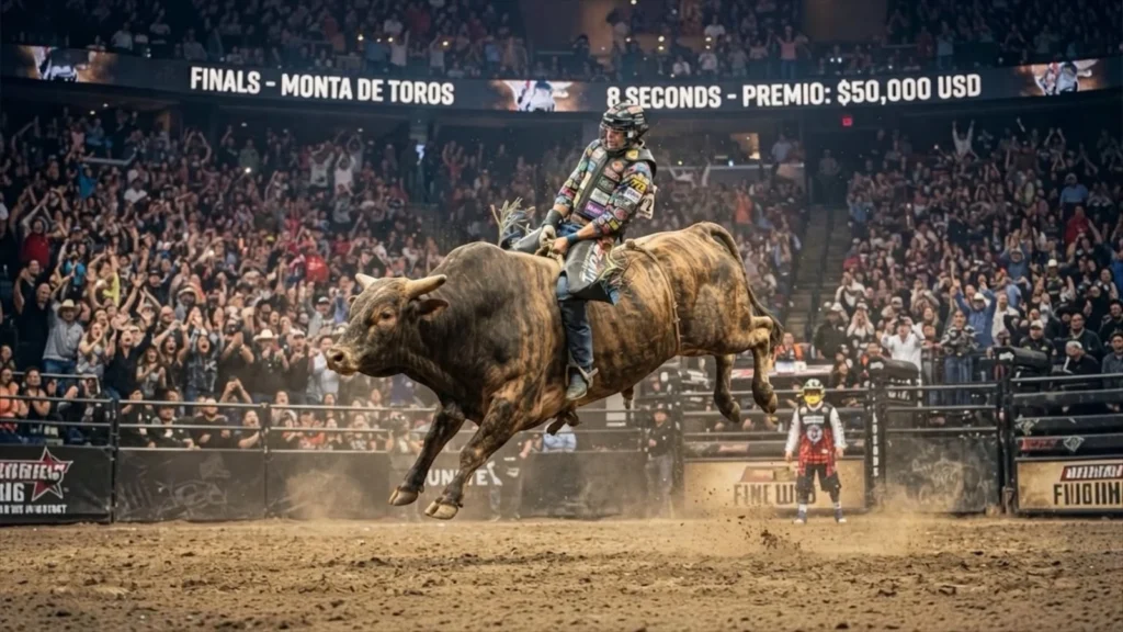 Un jinete profesional de toros en un torneo de rodeo americano luciendo ante una multitud sus habilidades para montar y luciendo una camisa de competición