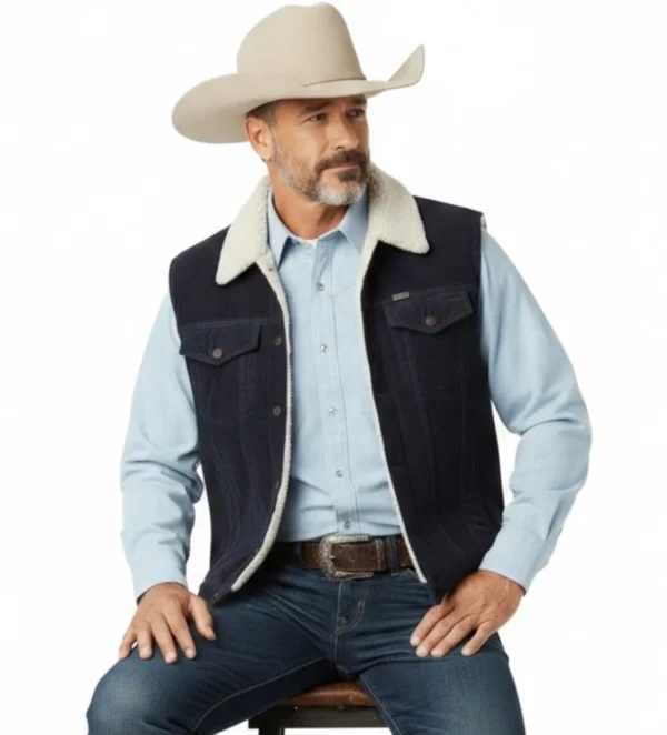 vaquero apuesto con chaleco vaquero azul marino y forro de borrega en tela de pana