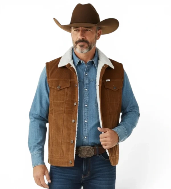 vaquero apuesto conchaleco vaquero para hombre color oro viejo, tela pana con forro de borrega sintética