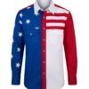 camisa USA 3FIz camisa de la bandera de USA, camisa vaquera para hombre con tecnica patchwork y diseño de la bandera de estados unidos