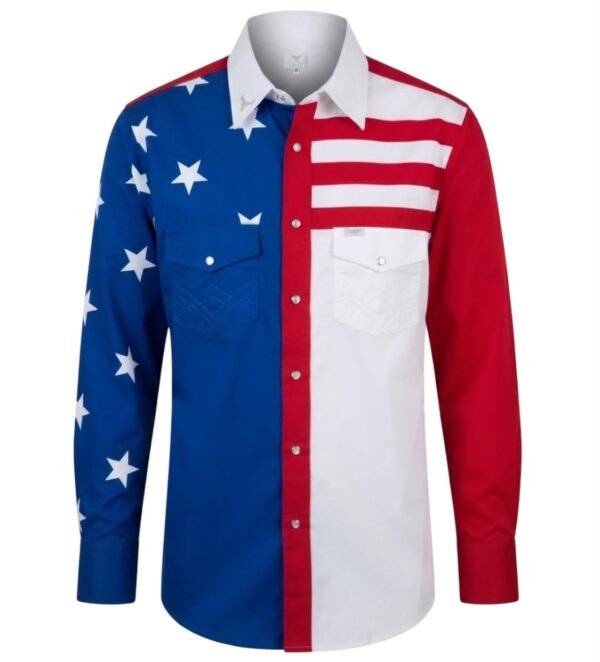 camisa USA 3FIz camisa de la bandera de USA, camisa vaquera para hombre con tecnica patchwork y diseño de la bandera de estados unidos