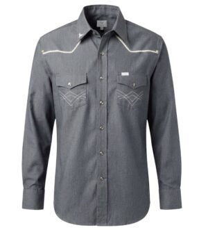 camisa vaquera con bies y estoperoles color gris y botones de ojal