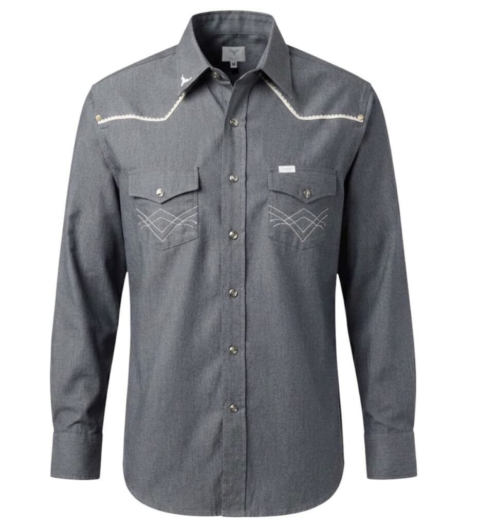 camisa vaquera con bies y estoperoles color gris y botones de ojal