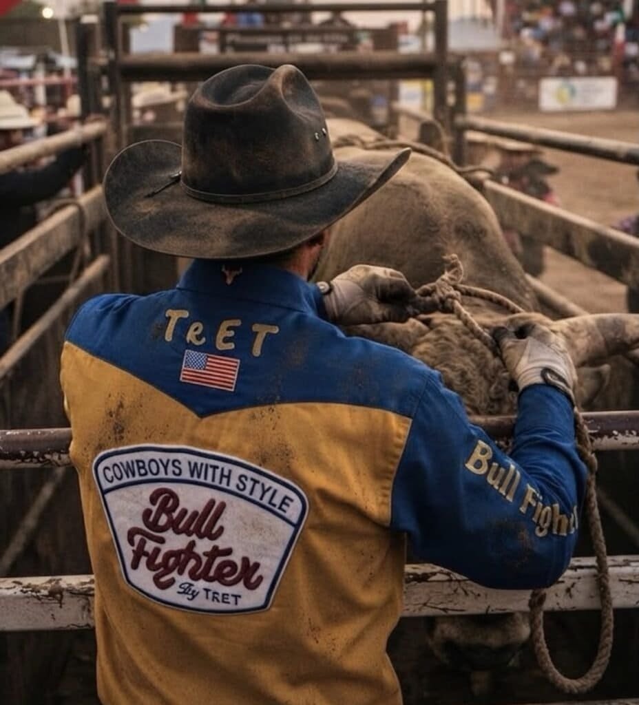 camisa bull fighter tipo competición, bordados en toda la camisa que es de color amarillo y azul rey