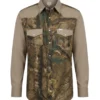camisa vaquera comuflaje en color verde olivo con hojas y color beige en mangas y hombros