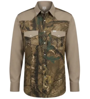 camisa camuflage camisa vaquera comuflaje en color verde olivo con hojas y color beige en mangas y hombros