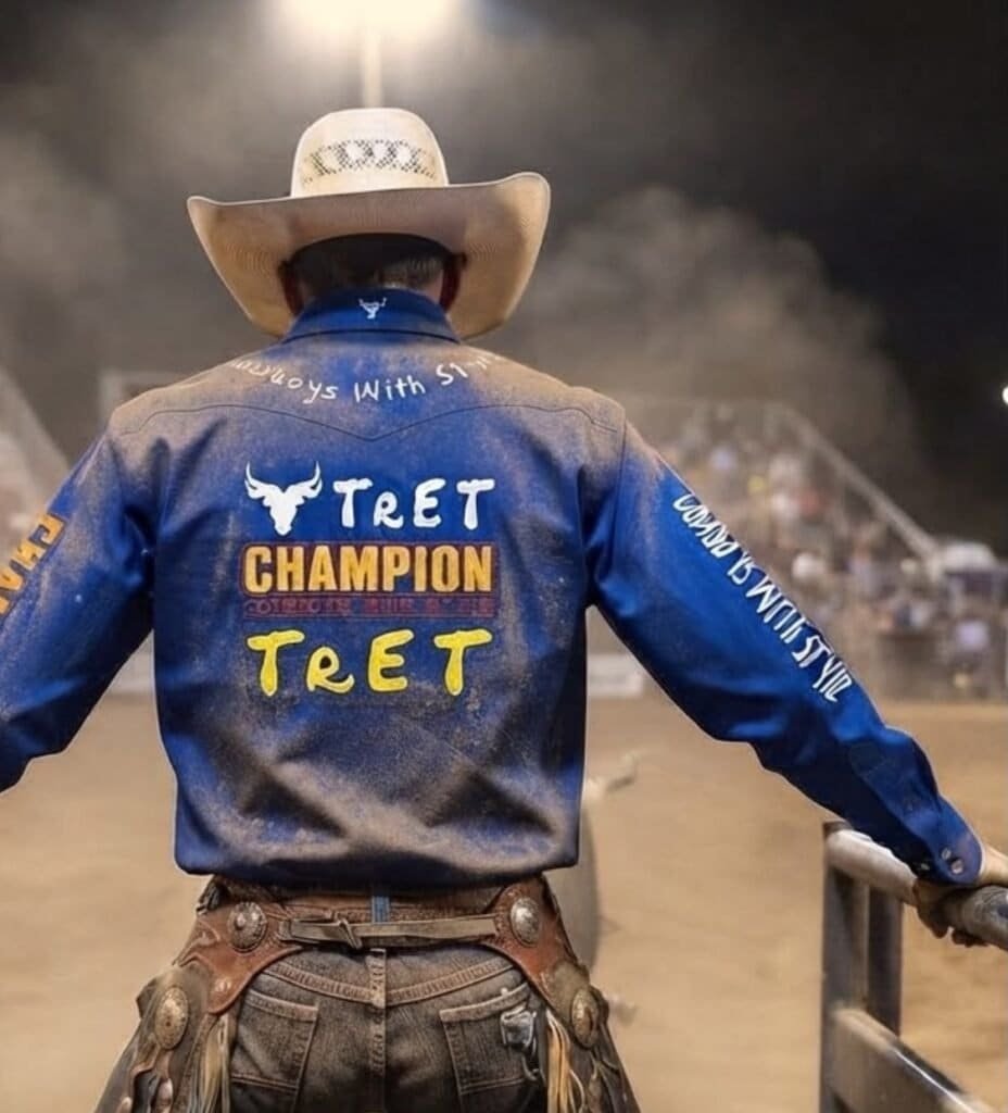 camisa champion tipo competición marca Tret usada por un jinete profesional de toros en plena no evento de campeonato.