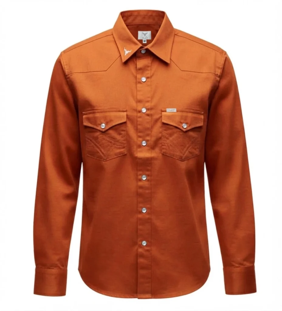 camisa manga larga estilo vaquero en color anaranjado. Hacemos camisas vaqueras de todos los colores | Tret