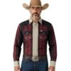 camisa vaquera grecas en color vino con negro y beige , vestida por un vaquero apuesto