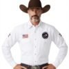 camisa Texas rodeo color blanca con logos bordados tipo parche alisivos a la bandera de Texas