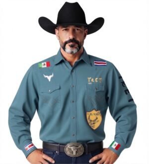 camisa rodeo competicion Tret, color menta con logos bordados de la marca
