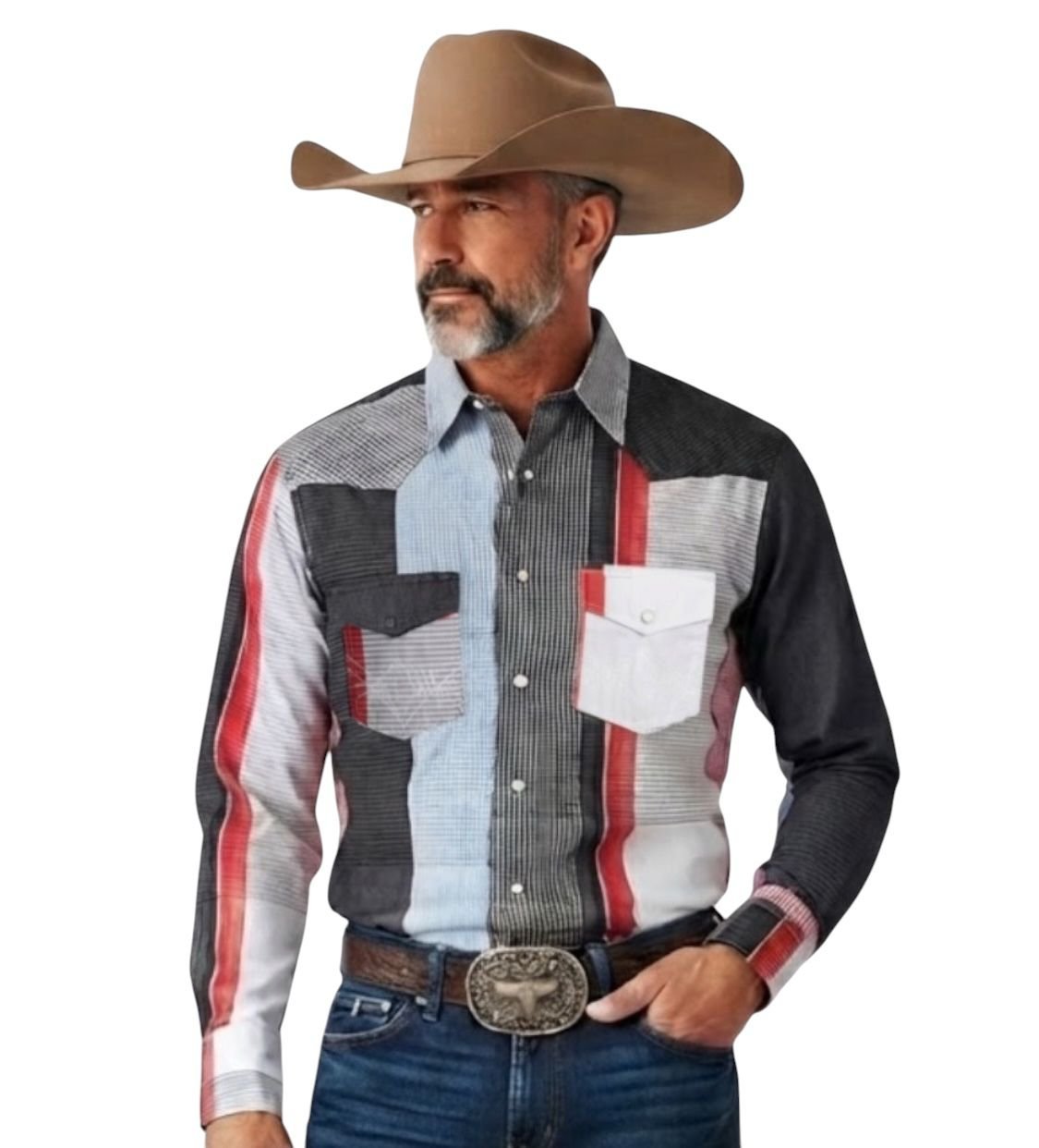 una camisa de tela estampada tipo patchwork en colores de la bandera de USA, luciendola un vaquero apuesto