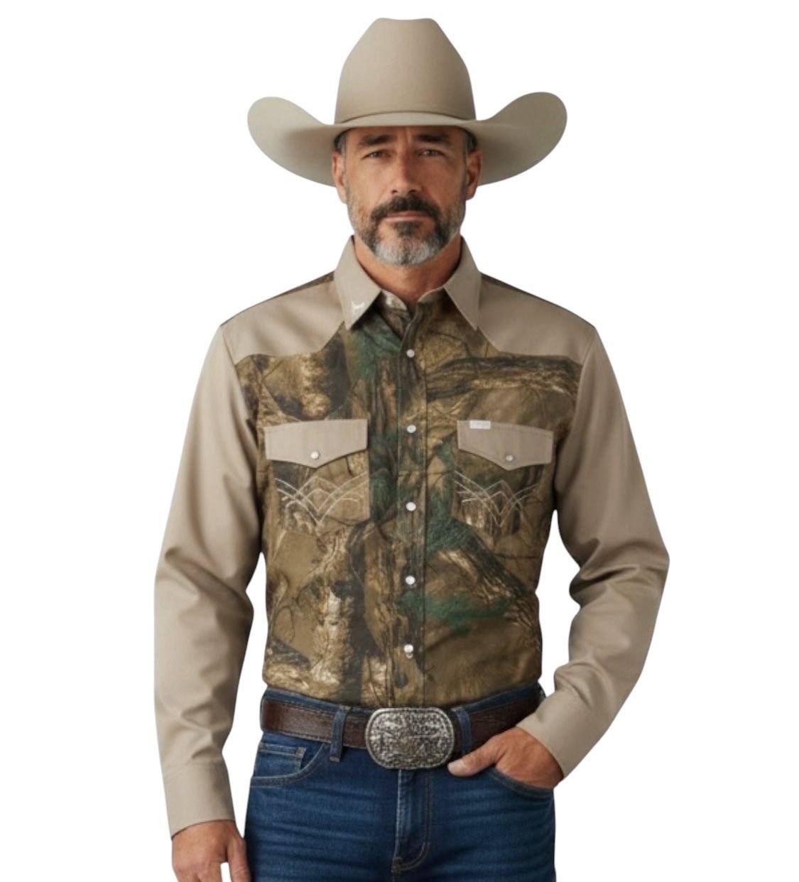 camisa vaquera camuflage para hombre en color verde olivo y beige