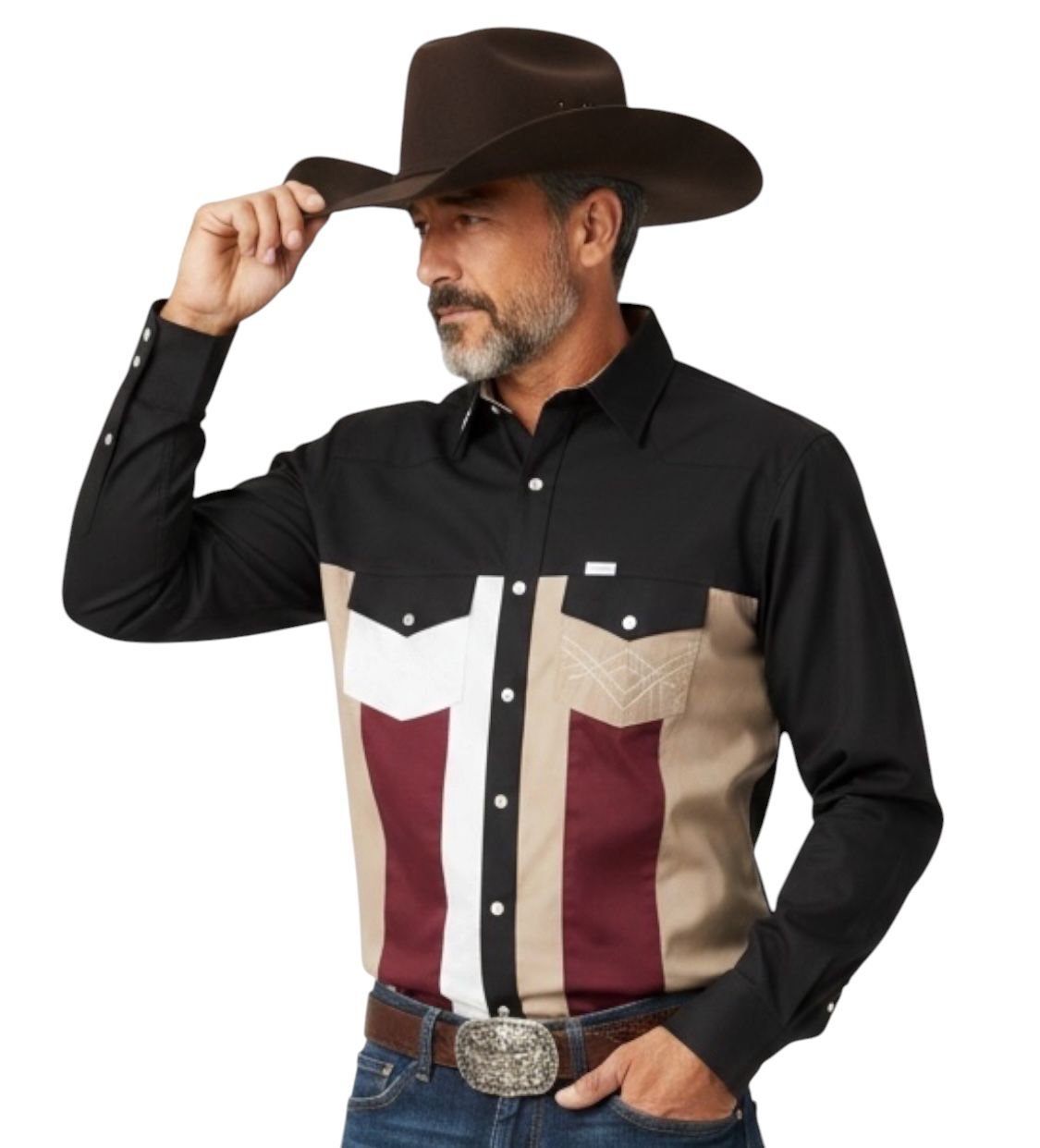 camisa vaquera patchwork en modelo apuesto