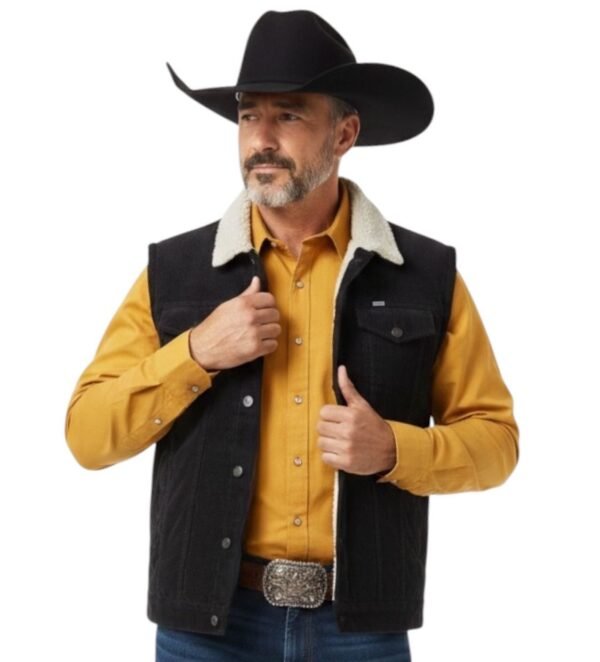 chaleco puesto sobre un vaquero apuesto con camisa amarilla