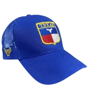 gorra vaquera original en color azul rey con bordado del escudo de texas