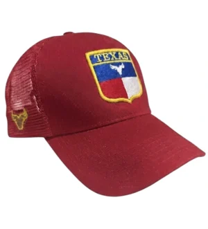 gorra roja con bordado del escudo de texas