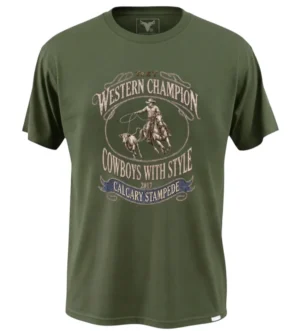 Playera vaquera vintage color verde olivo, manga corta con estampado vintage